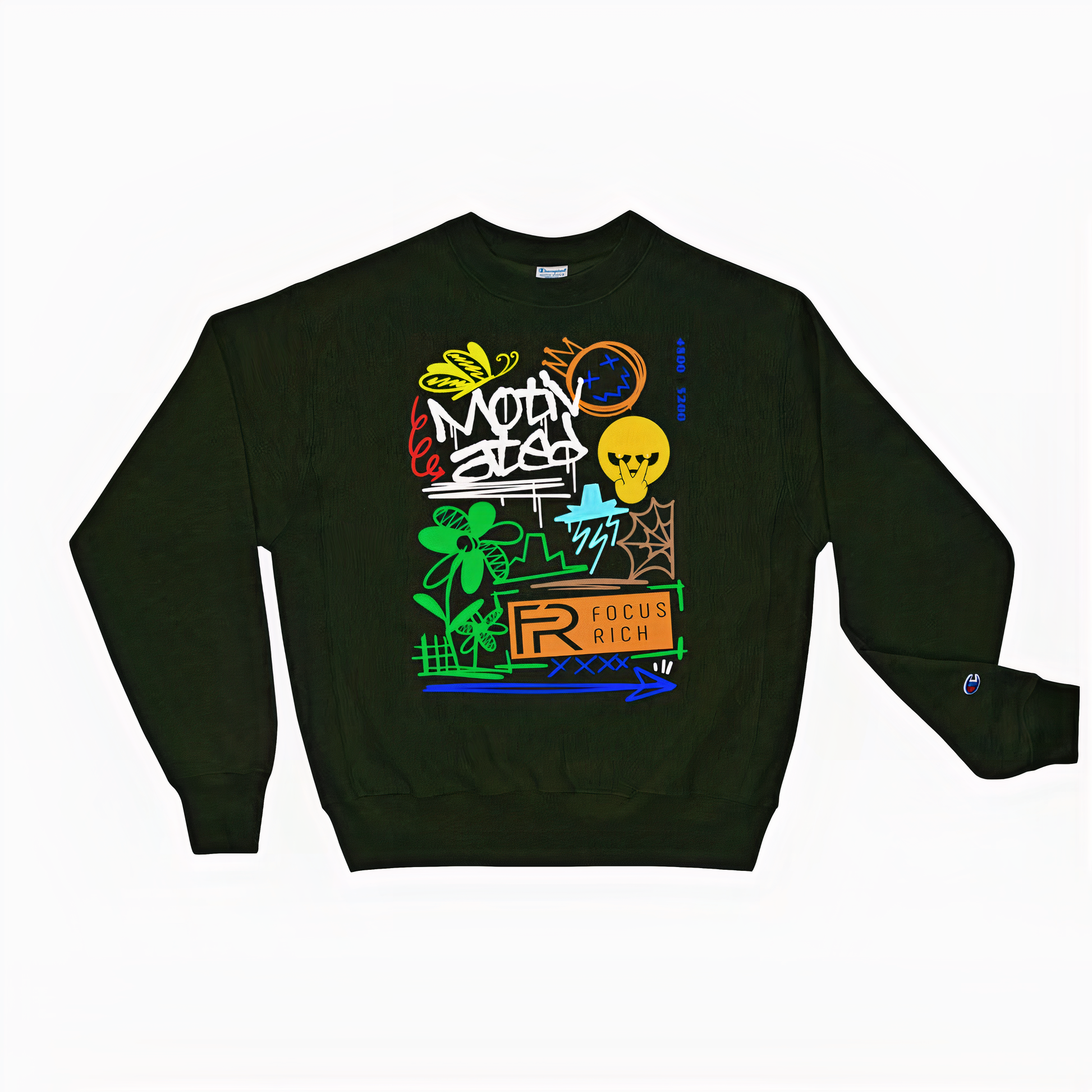 Black Champion x Focus Rich Clothing Motivated sweatshirt with symbolic streetwear graphics and inspirational message