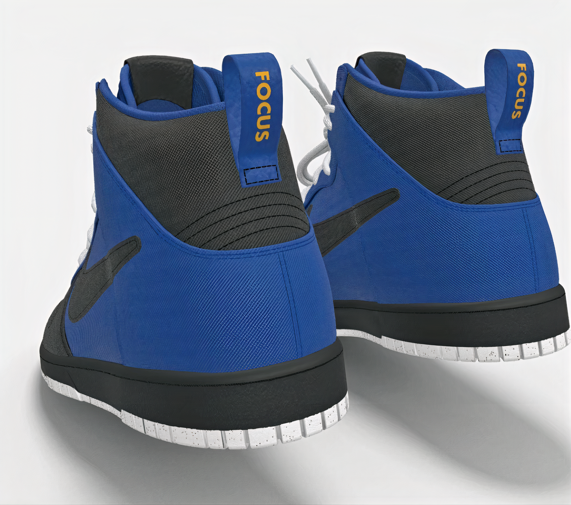 Nike x Focus Rich Clothing Air Focus Dunks in blue and black with "FOCUS" lettering on the back heel – limited collab sneaker